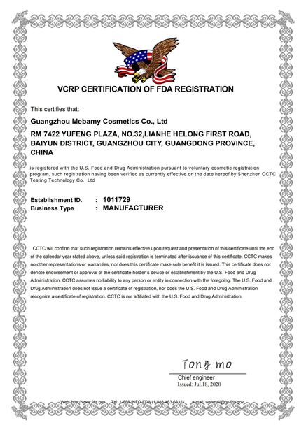 Chine Guangzhou Mebamy Cosmetics Co., Ltd Certifications